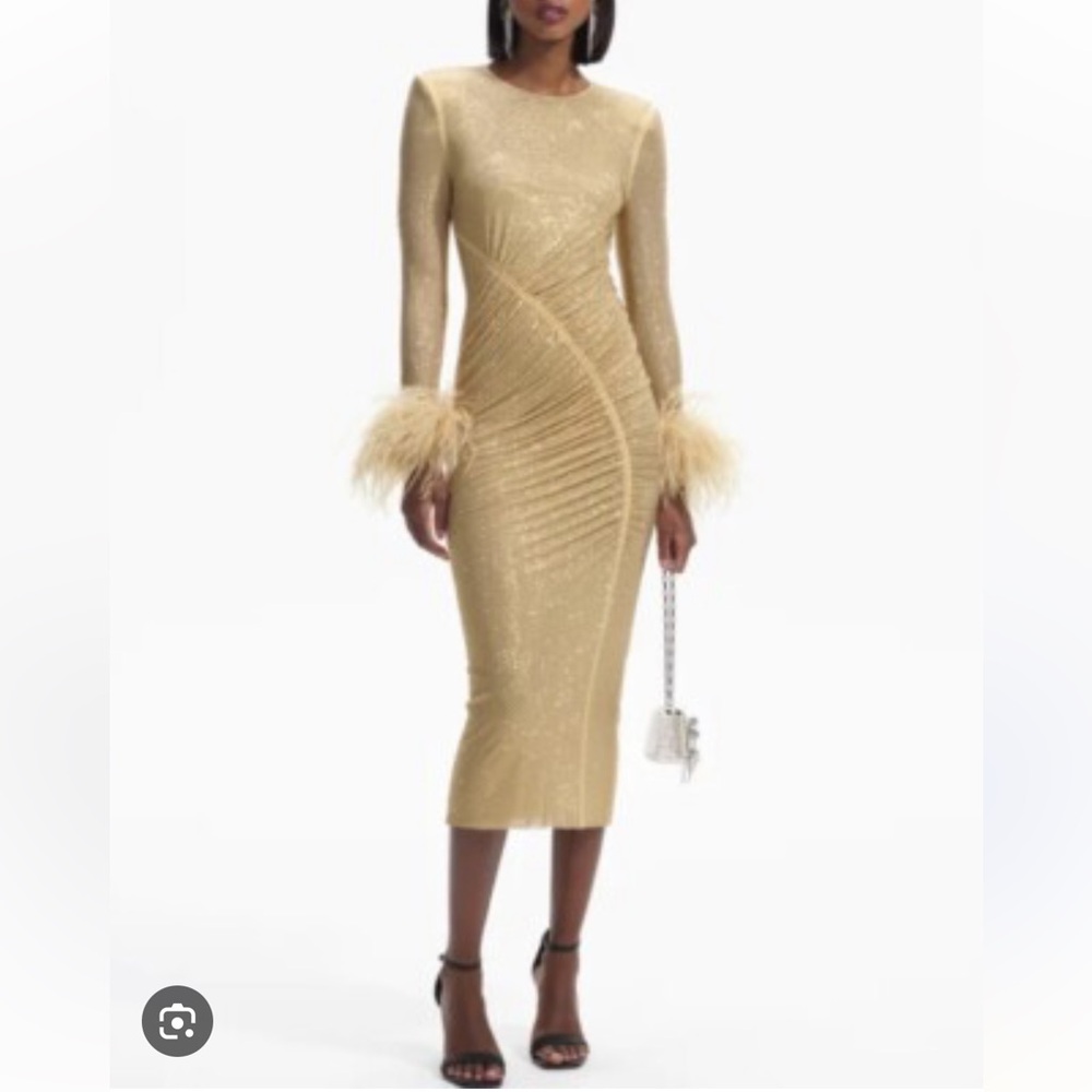 Self Portrait Gold Rhinestone Feather Midi Dress